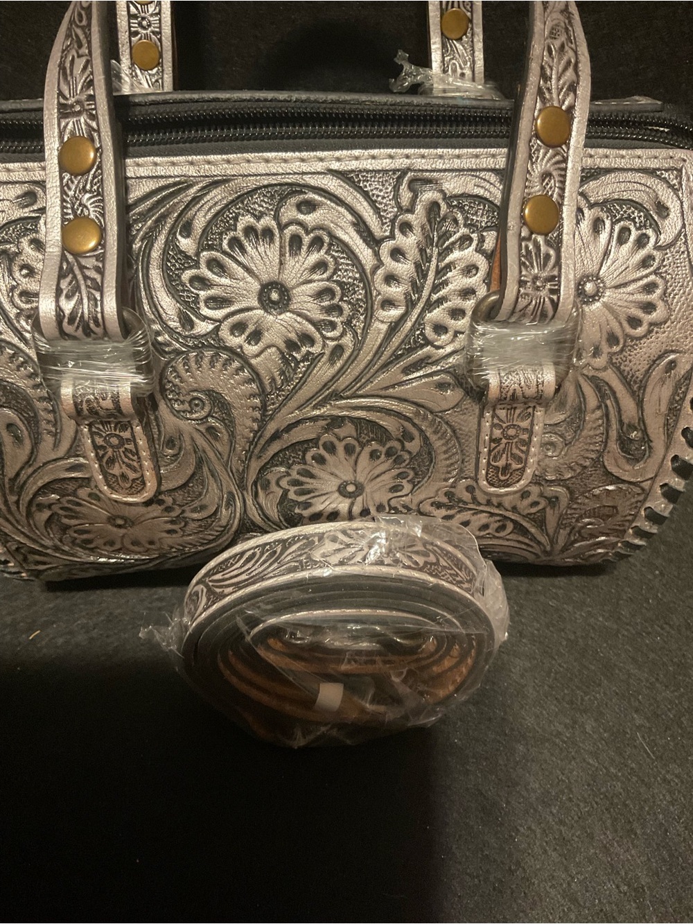 Silver Small Tooled Western Floral Leather Speedy w/adjustable detachable strap - Picture 7 of 9